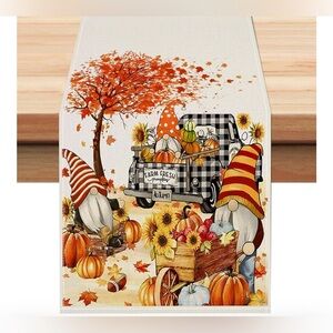 NEW Fall Gnomes Pumpkin Table Runner 13x72” Buffalo Plaid Truck Sunflower